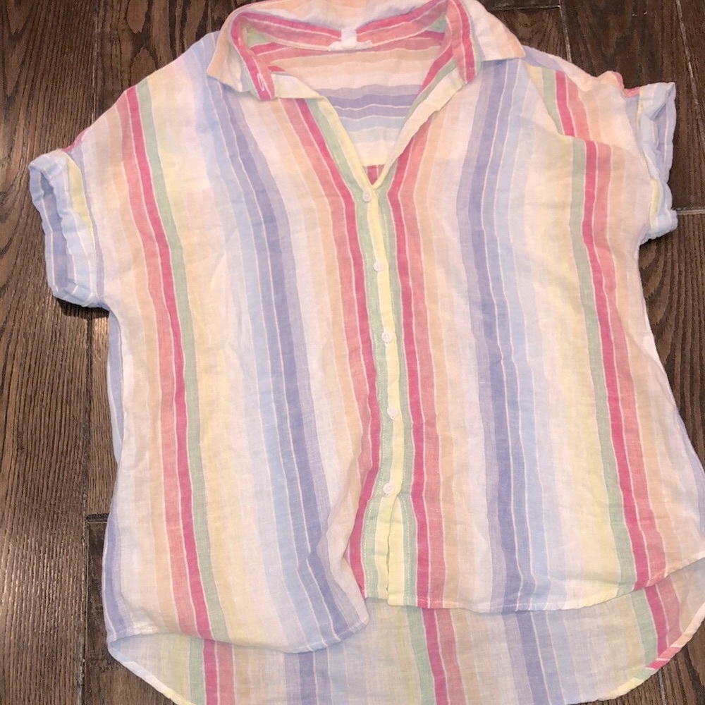 BeachLunchLounge striped button down top short sleeve linen cotton blend large
